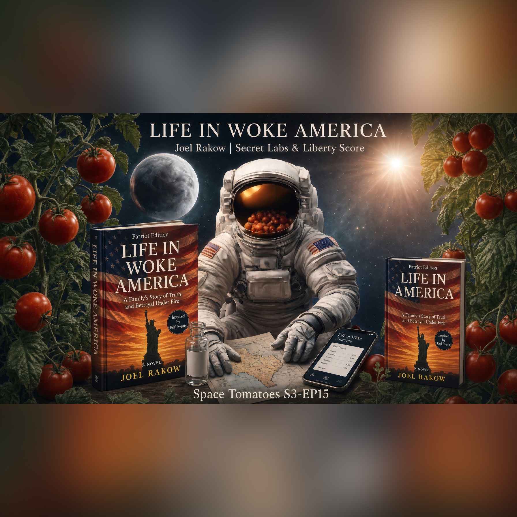 Space Tomatoes S3-EP15 cover art. LIFE IN WOKE AMERICA in white serif caps above Joel Rakow | Secret Labs and Liberty Score, with Space Tomatoes S3-EP15 at the bottom. On a navy starfield with a cratered moon and a flaring sun, an astronaut in a white EVA suit with American flag shoulder patches leans both gloved hands flat on a wooden table over an unfolded map of the United States. The gold visor is packed full of red tomatoes. A glass vial of clear liquid with a blank white label sits at left, and a phone at right shows a dark app screen headed Life in Woke America with a Tier Users table of names and scores. Two hardcover mockups of the novel stand behind the table, one titled LIFE IN WOKE AMERICA and the second missing the word WOKE, both showing a Statue of Liberty silhouette against an orange sunset. Tomato vines frame both sides.